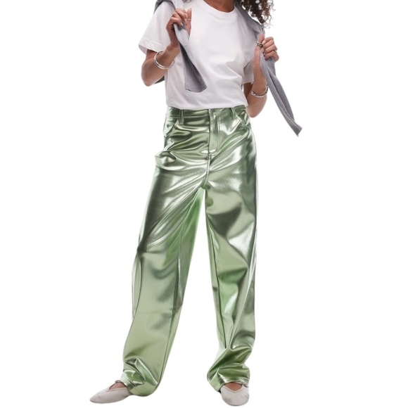 Topshop Pants - TOPSHOP Metallic Green Faux Leather Pants Straight Leg High Rise Size 4